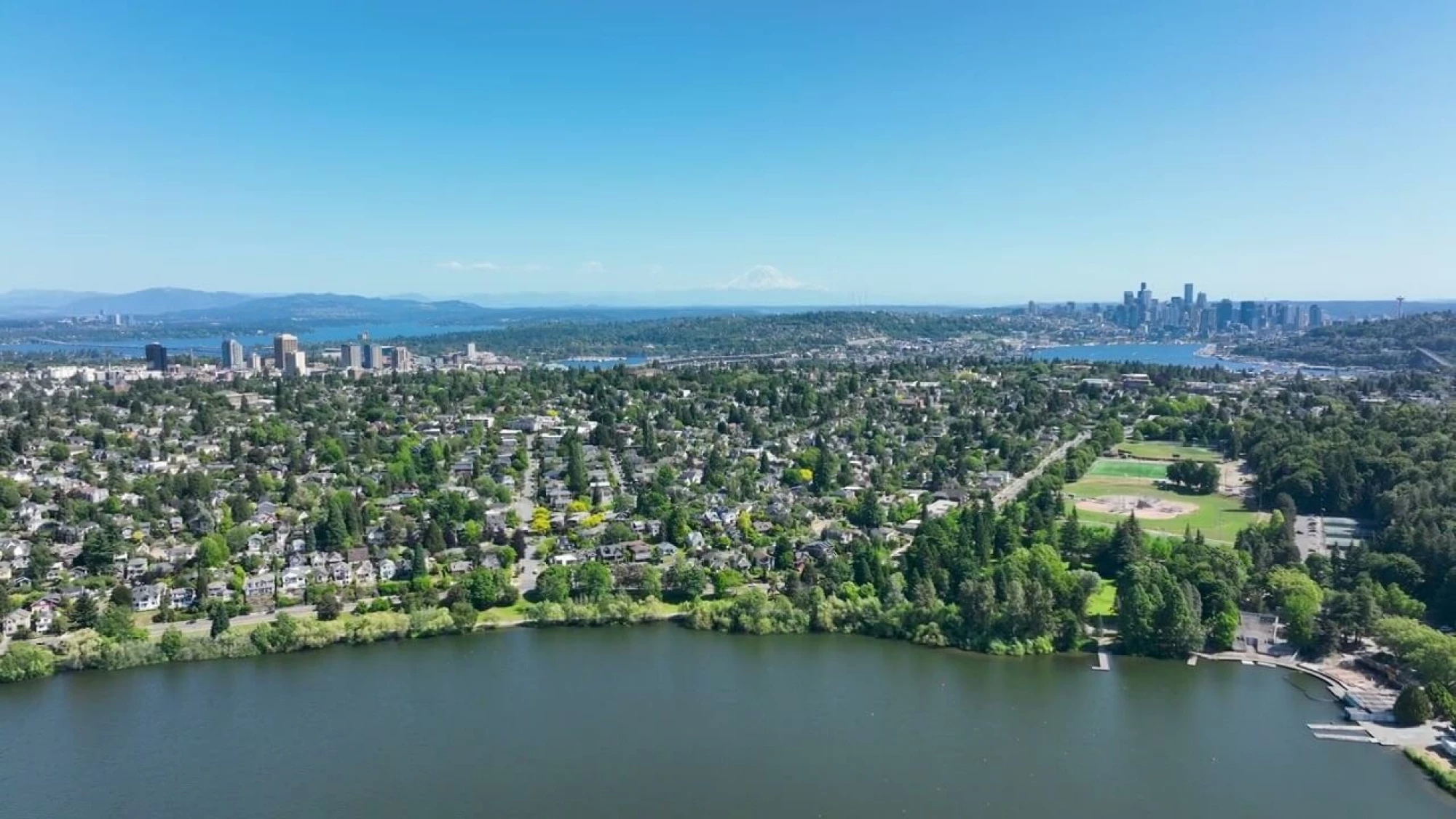 Aerial footage of Greenlake neighborhood of Seattle